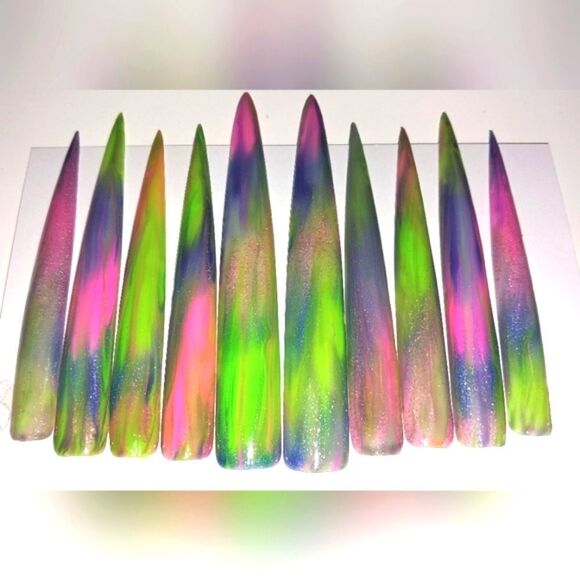 Hand crafted custom luminous tie dy10pc xxxl long acrylic presson nails sz Large - Picture 3 of 6